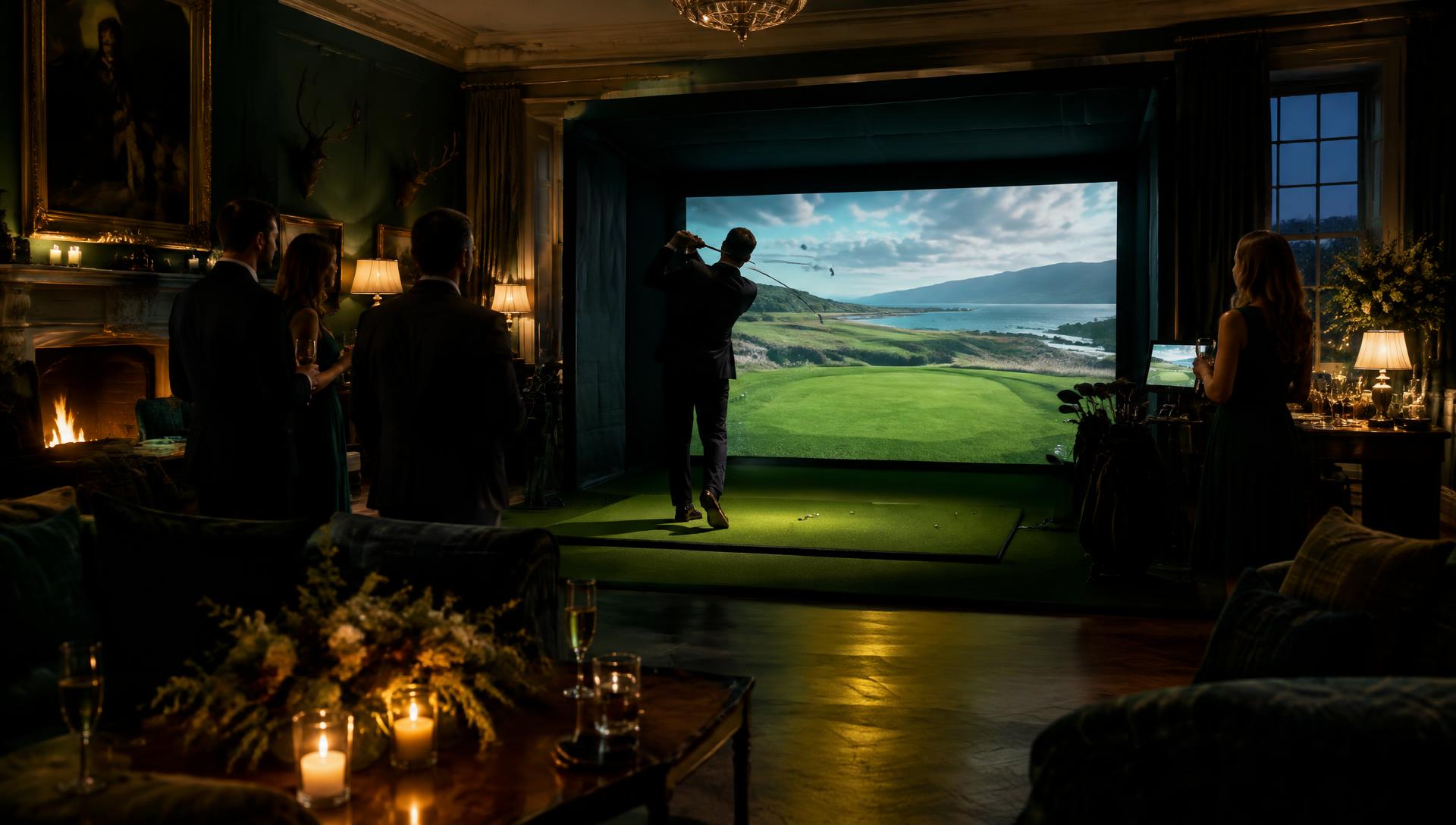 Illustration of a golf simulator installed at an upscale evening event